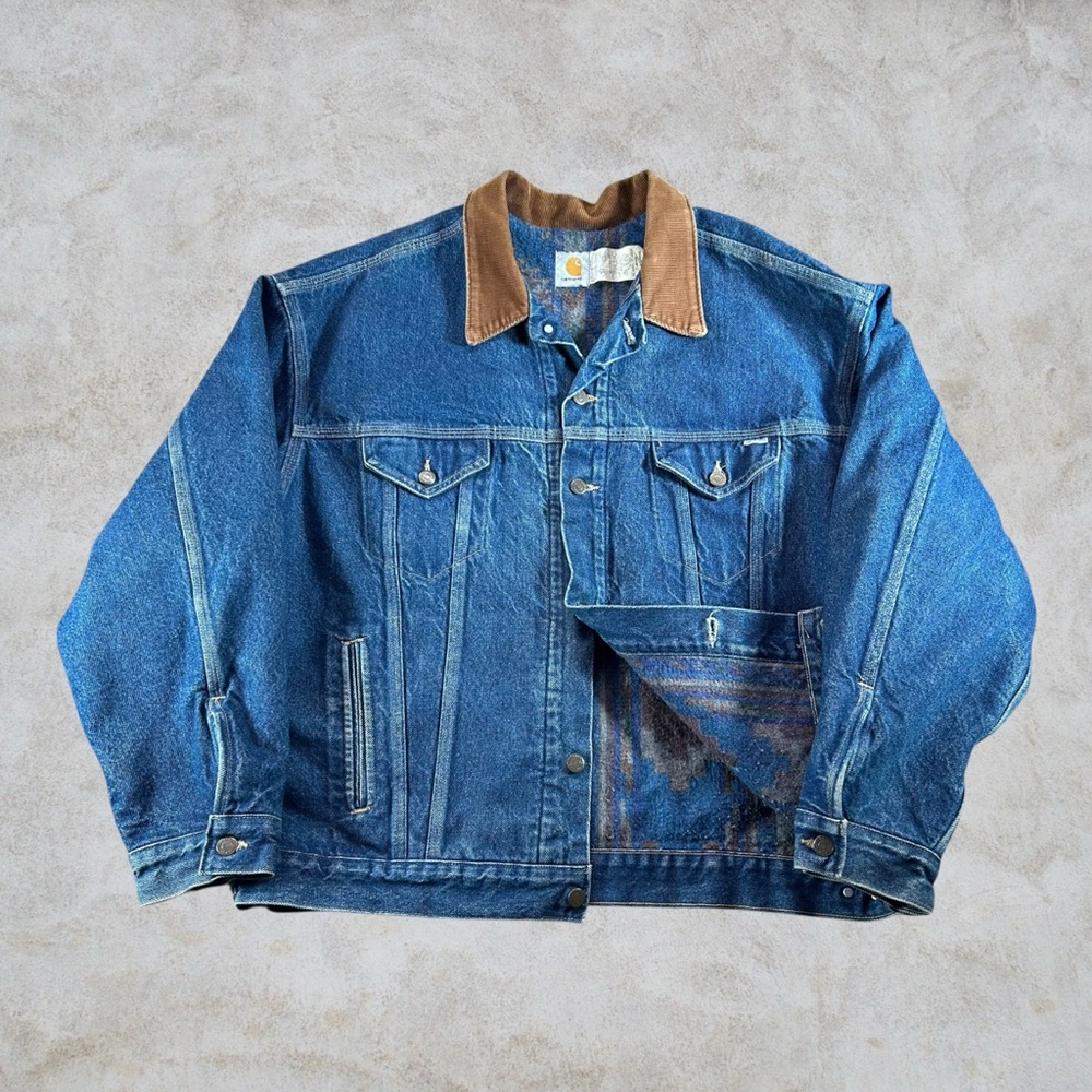 Vintage Carhartt Denim Jacket Mens 2XL Blue‎ Trucker Aztec Blanket Lined PJB008